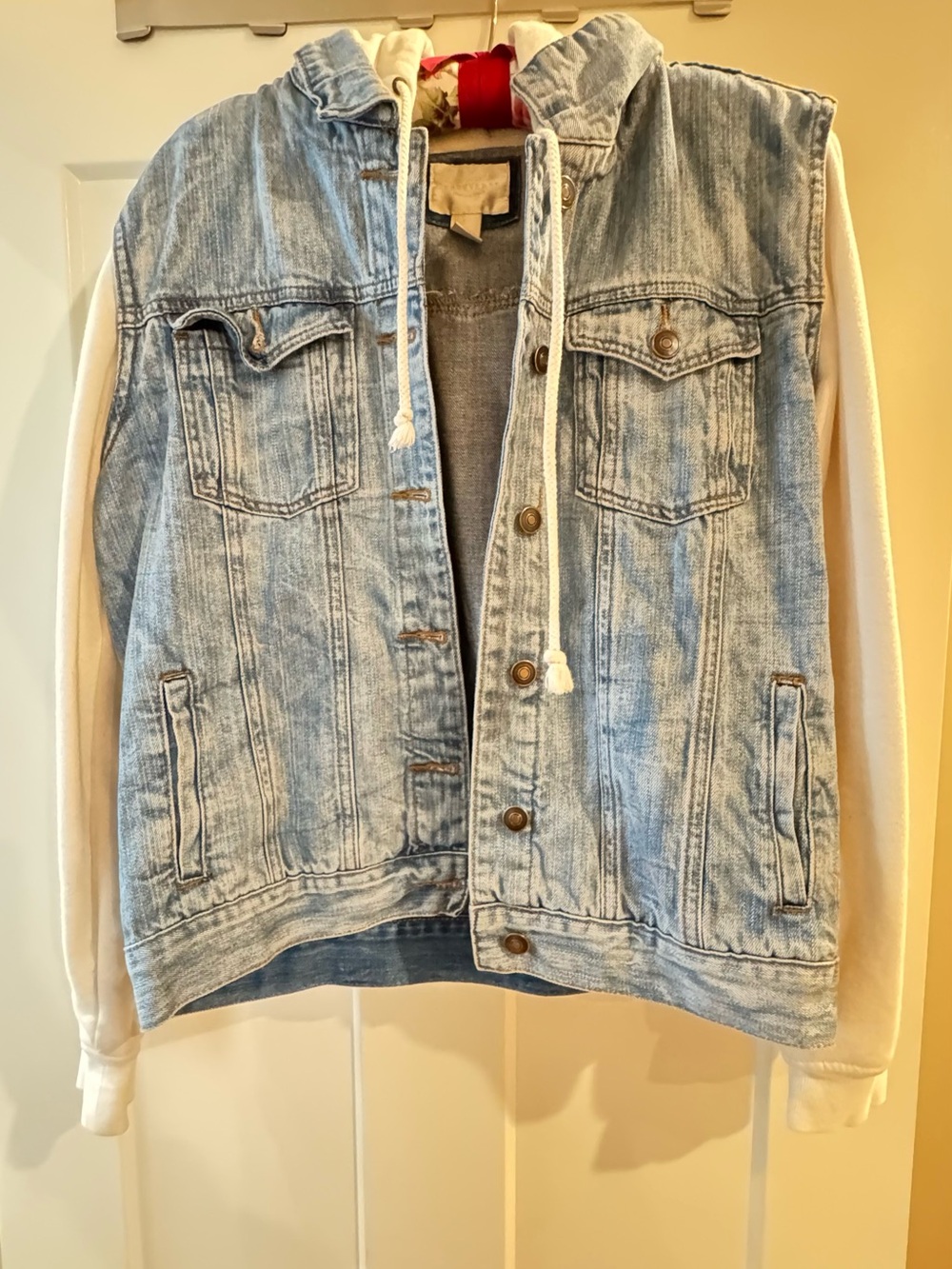 Forever 21 Light Blue Denim Jacket with Cream Hoodie Sleeves